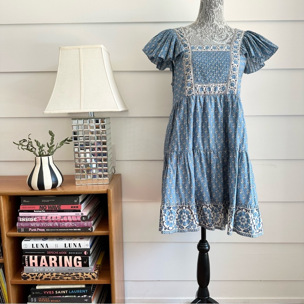 Sea New York Fernanda Tile Print Flutter Sleeve Dress Blue size M - Picture 4 of 12